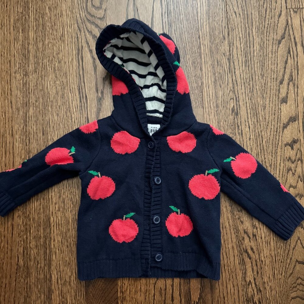 Baby Gap Hooded Button-Up Sweater - 3-6M - Navy Blue with Apple Print